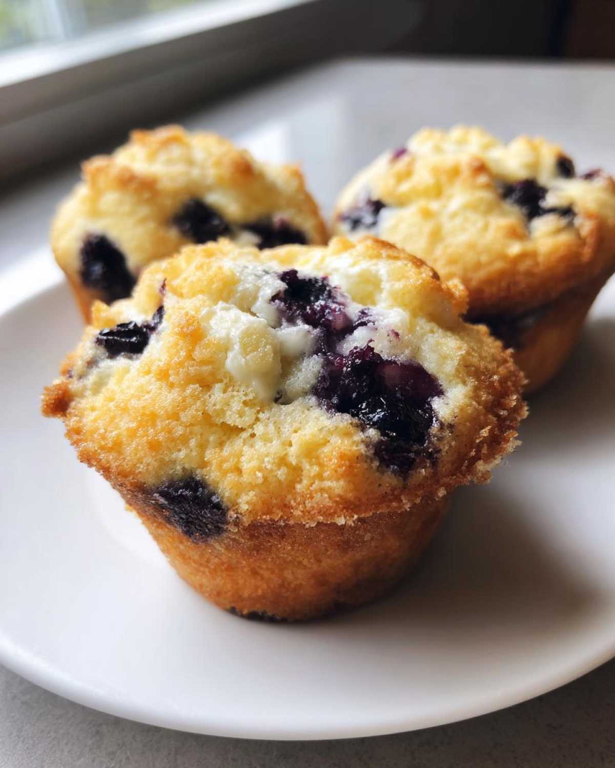 Three golden-brown Blueberry Cream Cheese Muffins with visible swirls of cream cheese and bursts of dark blueberries on a white plate.