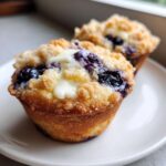Close-up of a moist Blueberry Cream Cheese Muffin topped with streusel and a dollop of cream cheese filling.