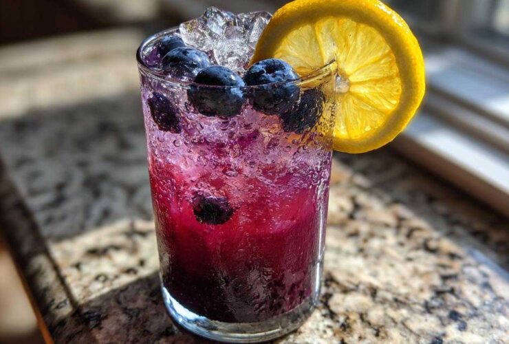 Close-up of a vibrant Blueberry Lemonade with ice, fresh blueberries, and a lemon slice garnish.