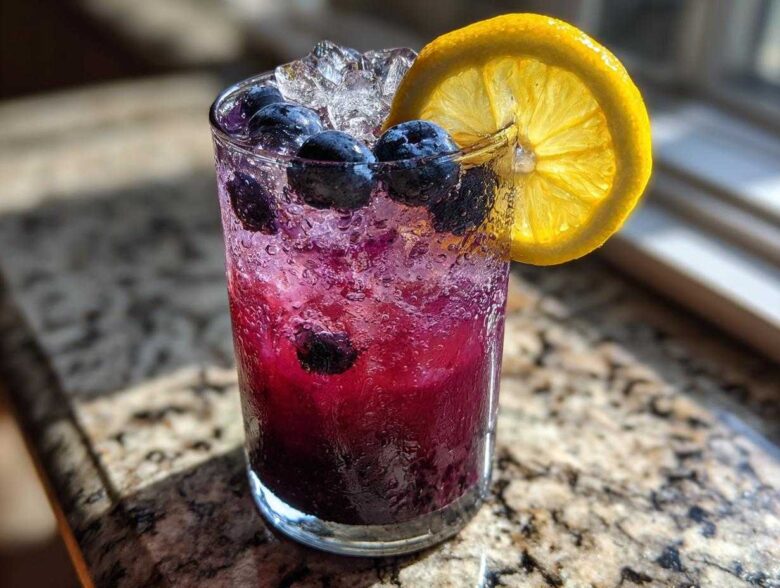 Close-up of a vibrant Blueberry Lemonade with ice, fresh blueberries, and a lemon slice garnish.