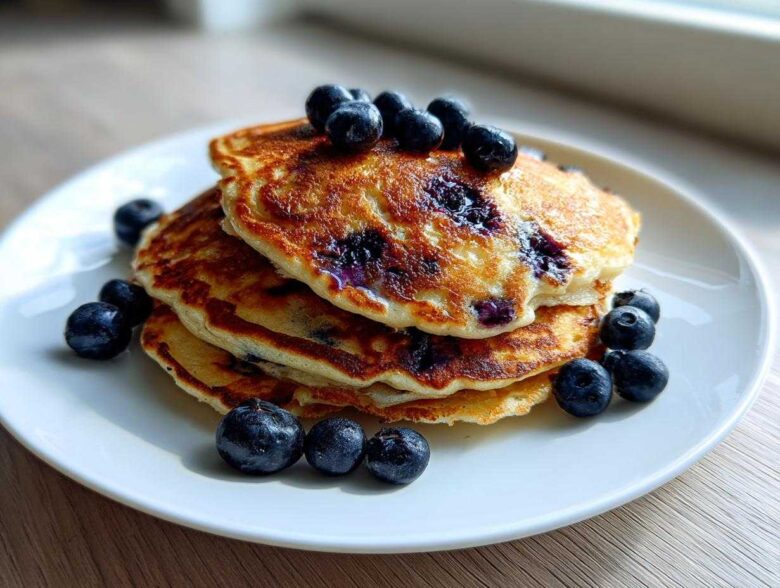 A stack of three golden-brown Blueberry Pancakes topped and garnished with fresh blueberries on a white plate.
