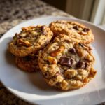 Four freshly baked Brown Butter Kitchen Sink Cookies piled on a white plate, showing chocolate chunks and pretzel pieces.