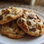 Three freshly baked Brown Butter Kitchen Sink Cookies piled on a white plate, showing chocolate chips and pretzel pieces.
