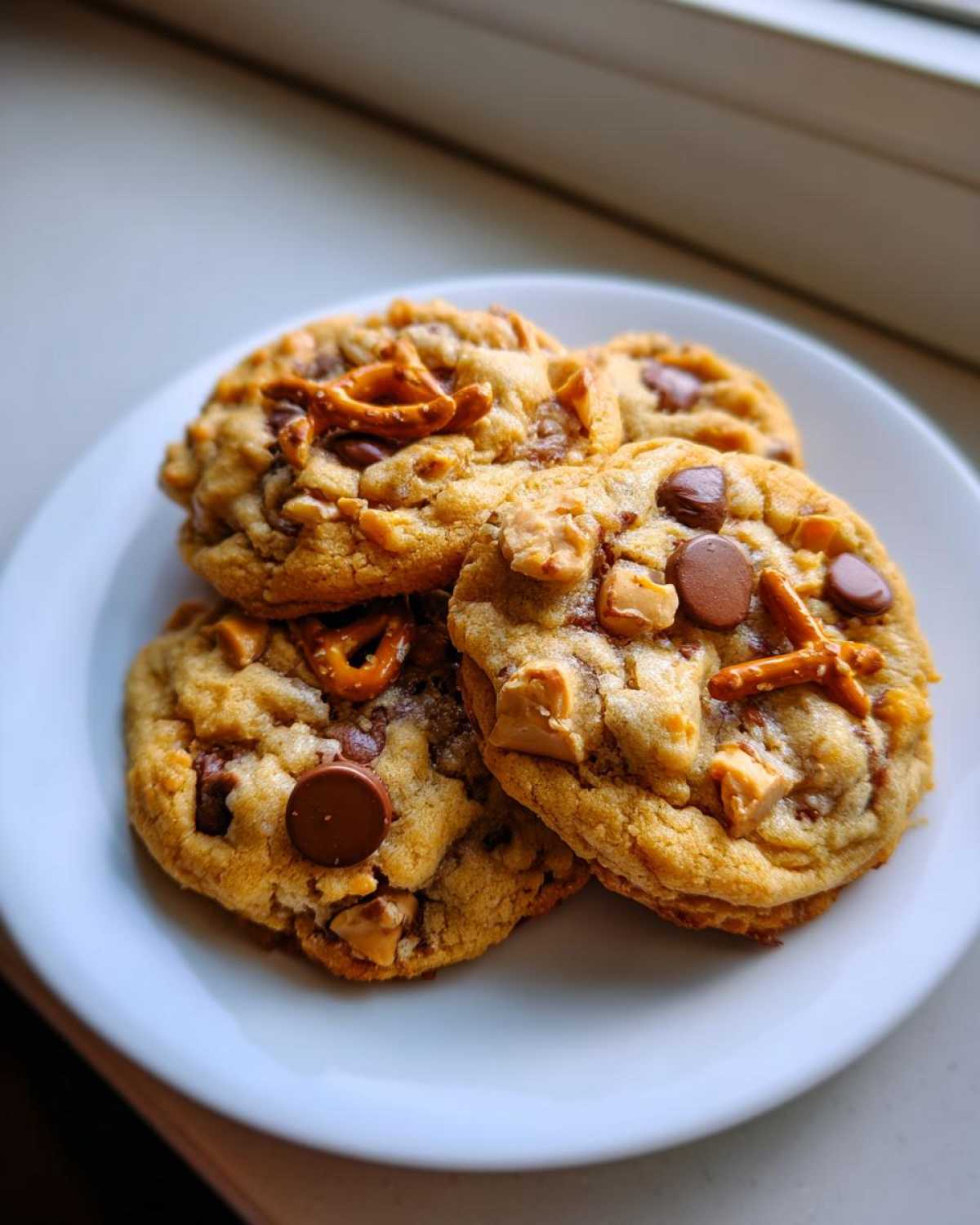 A close-up of four freshly baked Brown Butter Kitchen Sink Cookies piled on a white plate, featuring chocolate chips and pretzel pieces.