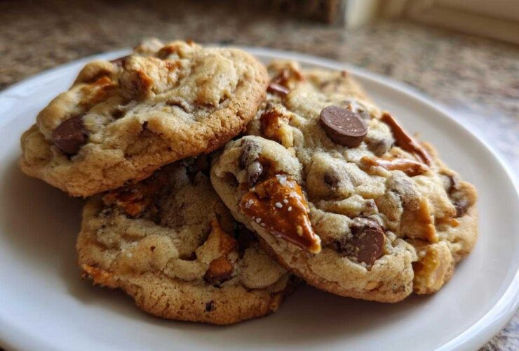 Three freshly baked Brown Butter Kitchen Sink Cookies piled on a white plate, showing chocolate chips and pretzel pieces.