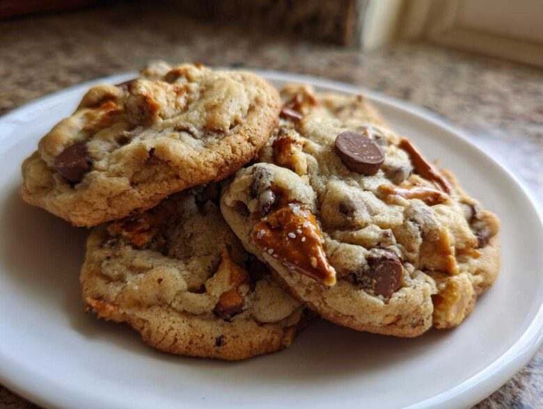 Three freshly baked Brown Butter Kitchen Sink Cookies piled on a white plate, showing chocolate chips and pretzel pieces.