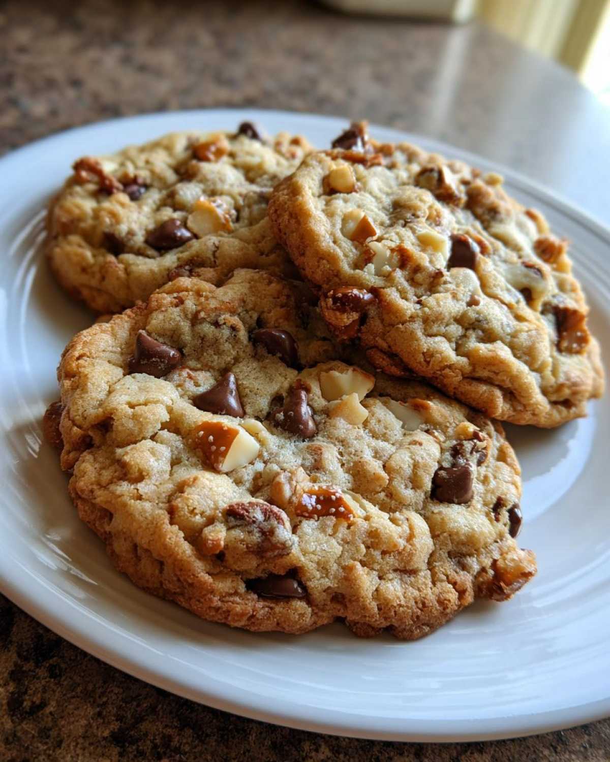 Three freshly baked Brown Butter Kitchen Sink Cookies piled on a white plate, showing chocolate chips and nuts.