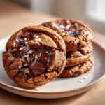 A close-up of gooey Brown Butter Pumpkin Chocolate Chip Cookies topped with flaky sea salt.