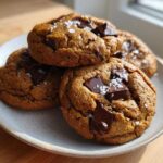 A stack of four rich Brown Butter Pumpkin Chocolate Chip Cookies topped with flaky sea salt and large chocolate chunks.