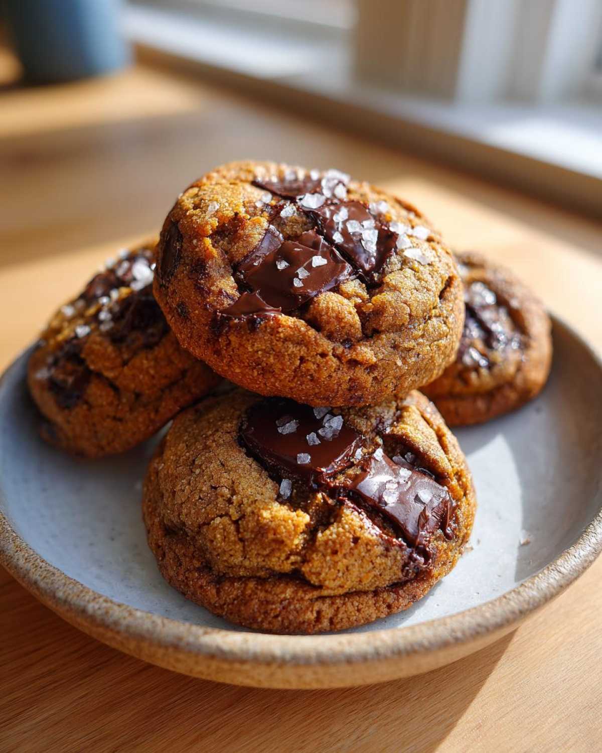 Close-up of gooey Brown Butter Pumpkin Chocolate Chip Cookies topped with melted chocolate chunks and flaky sea salt.