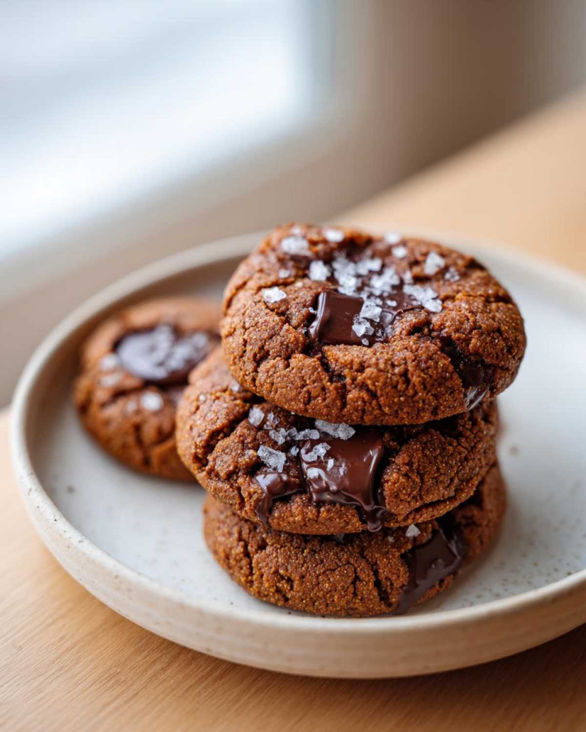 A stack of three rich, dark Brown Butter Pumpkin Chocolate Chip Cookies topped with flaky sea salt and melted chocolate.