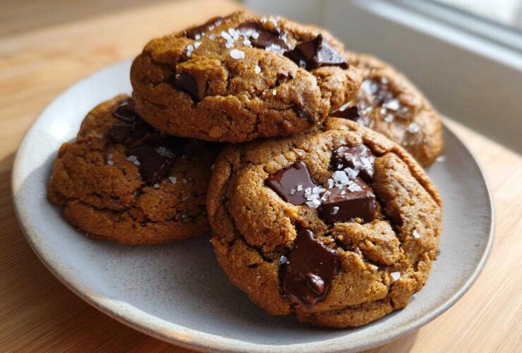 A stack of four rich Brown Butter Pumpkin Chocolate Chip Cookies topped with flaky sea salt and large chocolate chunks.