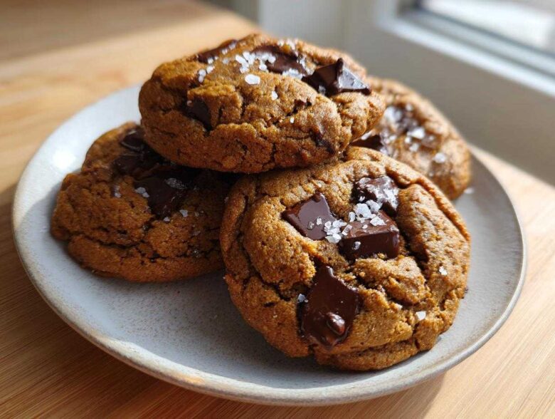 A stack of four rich Brown Butter Pumpkin Chocolate Chip Cookies topped with flaky sea salt and large chocolate chunks.