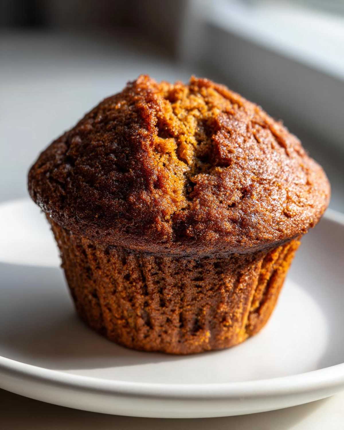 A close-up, sunlit image of a single, richly browned Brown Sugar Banana Muffin sitting on a white plate.
