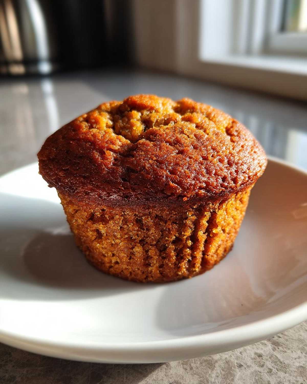 A single, deeply golden brown sugar banana muffin sitting on a white plate, highlighted by bright sunlight.