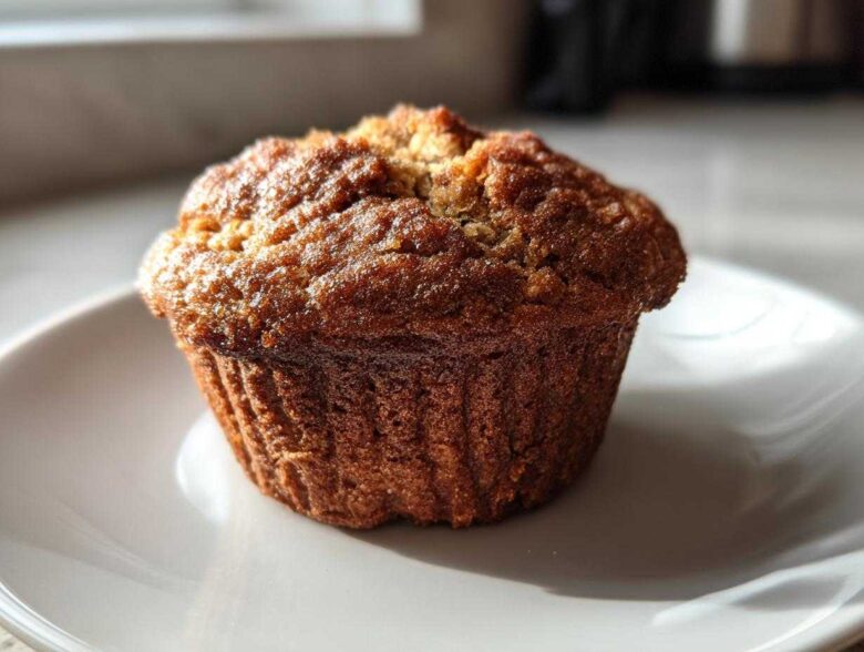 A single, golden-brown Brown Sugar Banana Muffin sitting on a white plate, highlighted by natural sunlight.