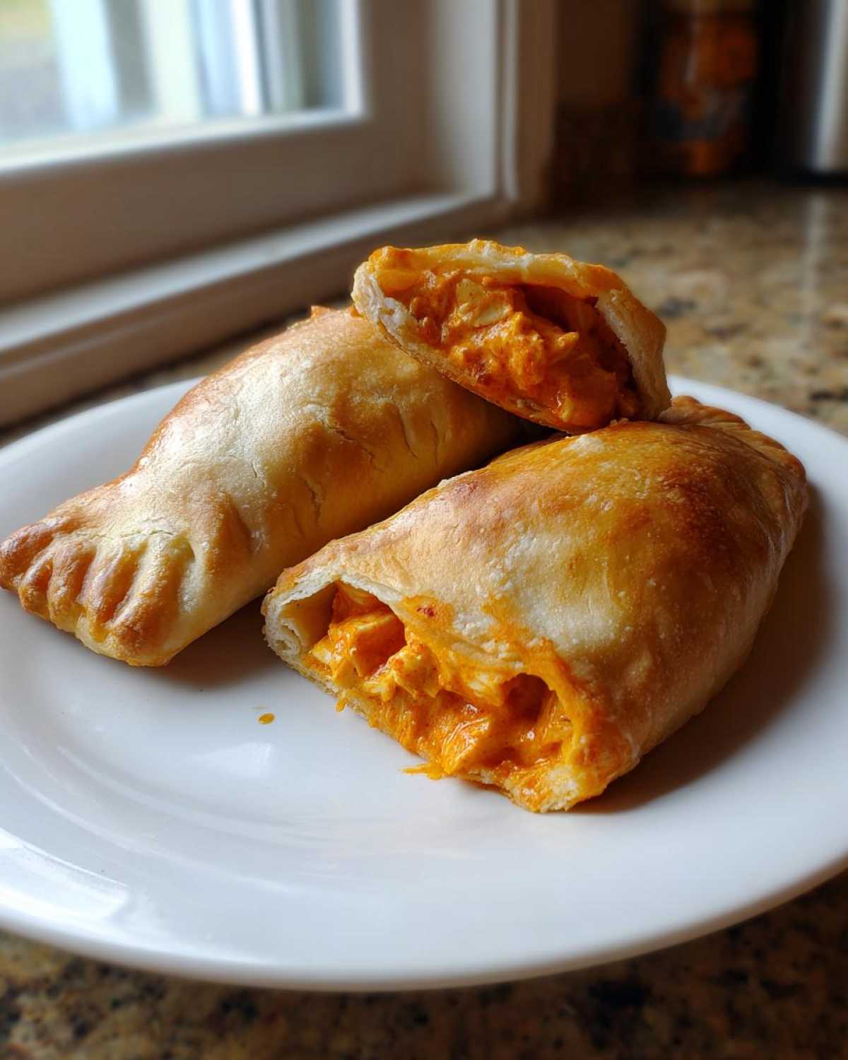 Three golden-baked Buffalo Chicken Pockets on a white plate, one cut open revealing the creamy orange filling.
