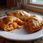 Three golden-baked Buffalo Chicken Pockets on a white plate, one is broken open revealing spicy shredded chicken filling.