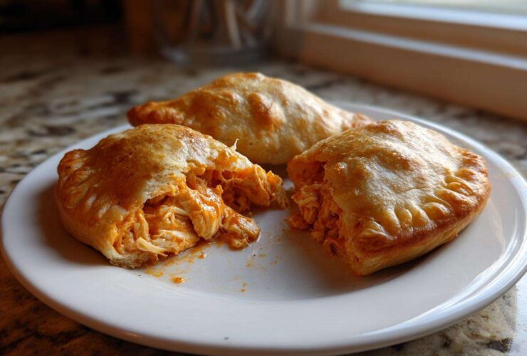 Three golden-baked Buffalo Chicken Pockets on a white plate, one is broken open revealing spicy shredded chicken filling.