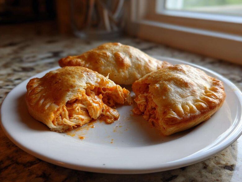 Three golden-baked Buffalo Chicken Pockets on a white plate, one is broken open revealing spicy shredded chicken filling.