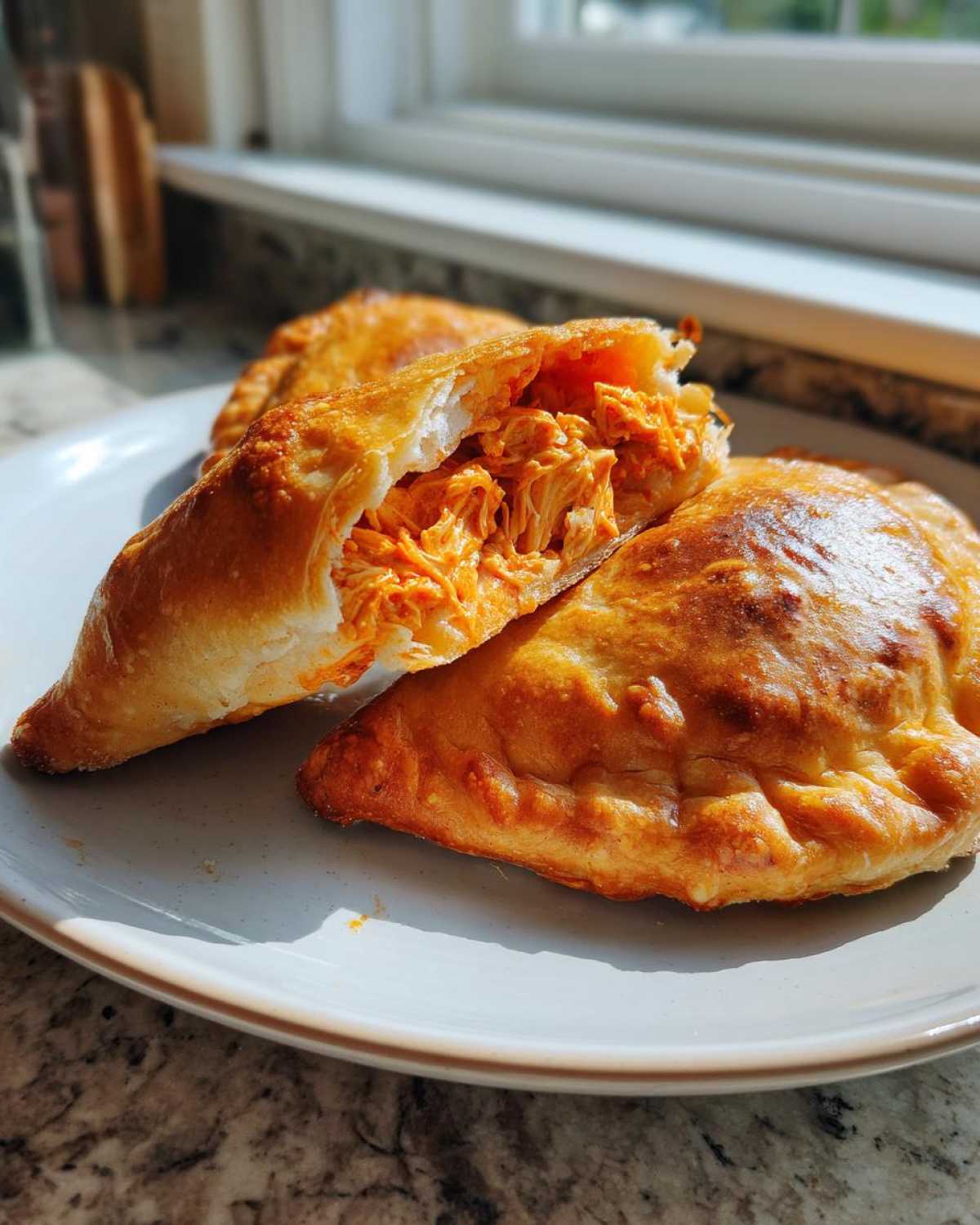 Close-up of golden-brown Buffalo Chicken Pockets, one cut open revealing shredded orange buffalo chicken filling.