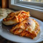 Two golden-brown Buffalo Chicken Pockets, one cut open to show shredded chicken mixed with orange buffalo sauce and melted cheese.