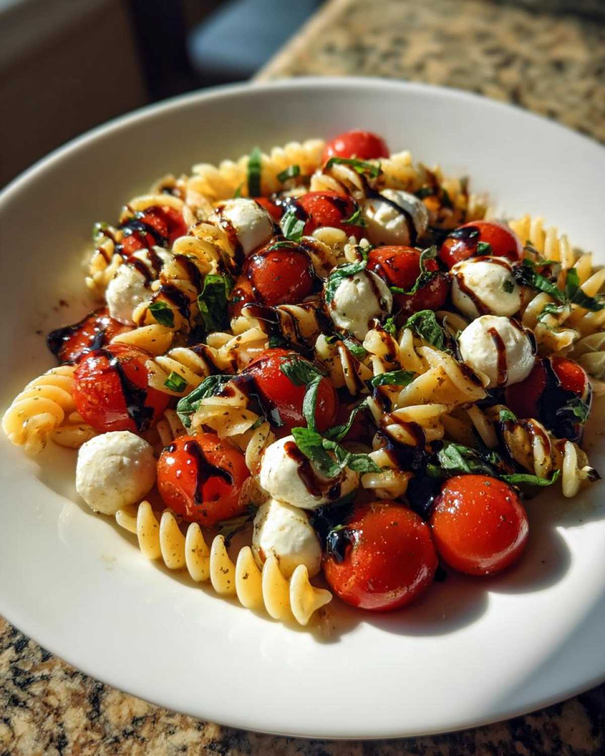A close-up view of a vibrant Caprese Pasta Salad featuring fusilli pasta, cherry tomatoes, mozzarella balls, and balsamic glaze.