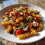 A close-up of a bowl of Caprese Pasta Salad featuring rotini pasta, cherry tomatoes, mozzarella balls, and fresh basil drizzled with balsamic glaze.