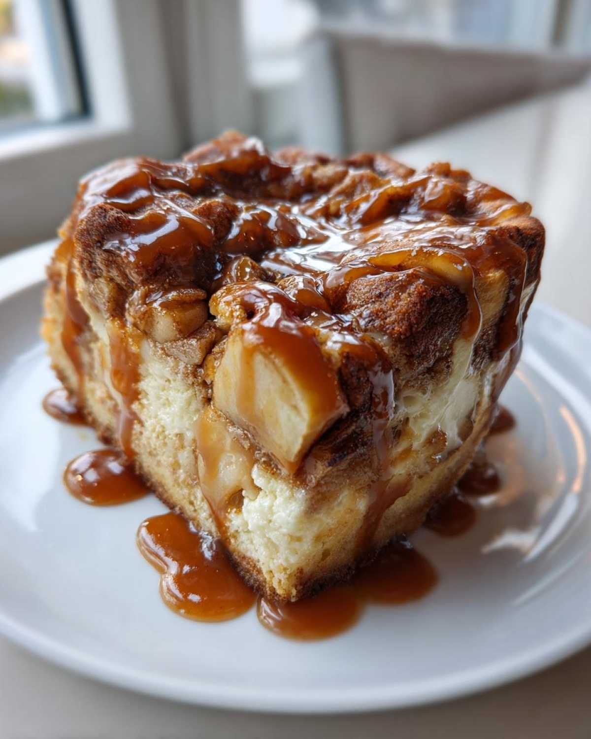 A decadent slice of Caramel Apple Cheesecake Cake topped with chunks of apple and drenched in thick caramel sauce.