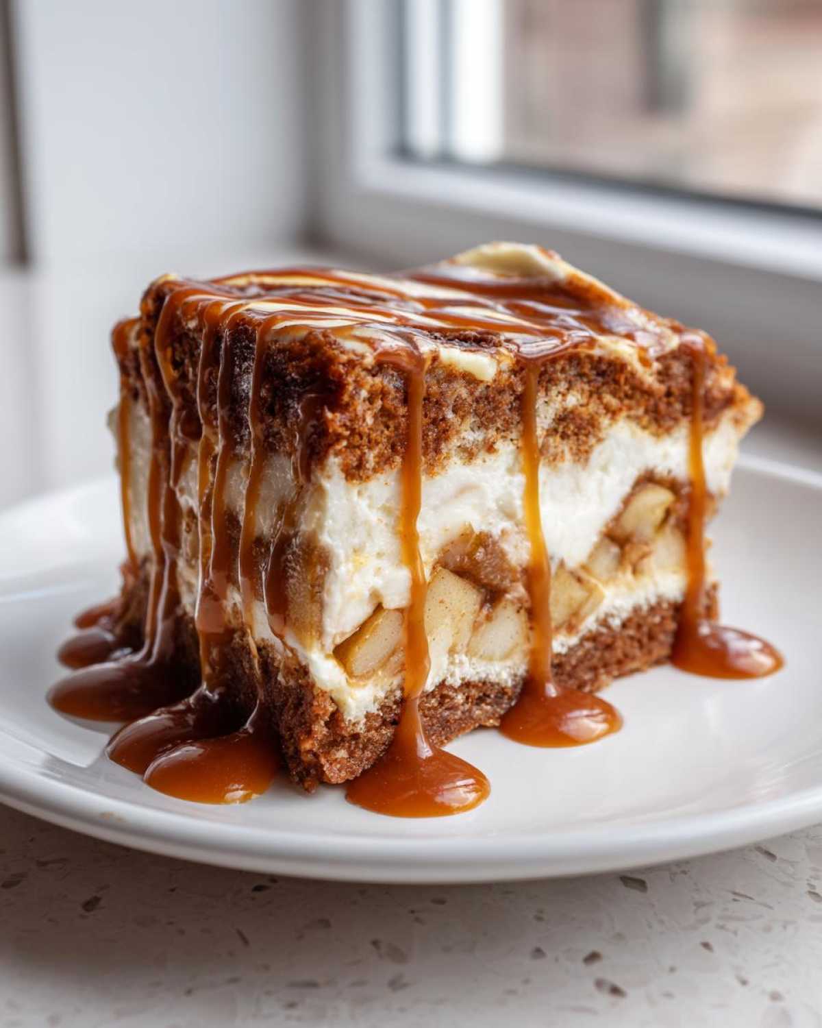 A decadent slice of Caramel Apple Cheesecake Cake layered with cream cheese filling and apples, heavily drizzled with caramel sauce.