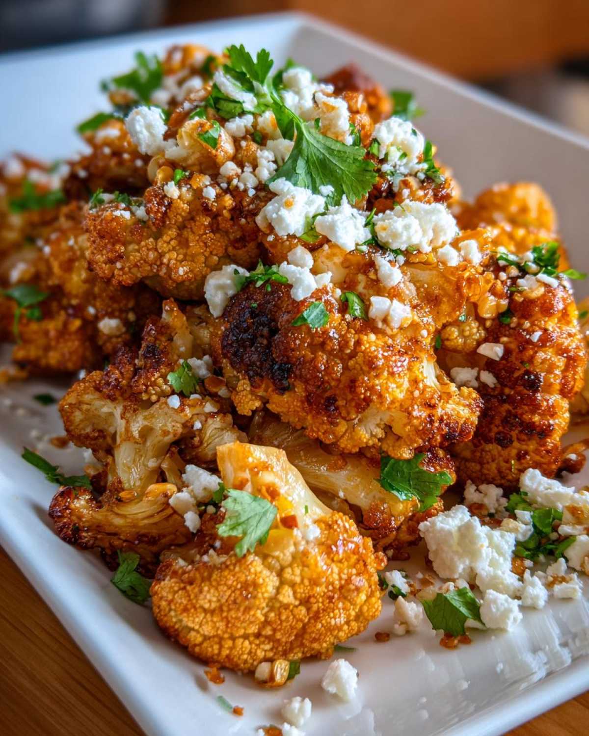 Close-up of roasted Cauliflower Elote florets topped with white crumbled cheese and fresh cilantro.
