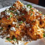 Close-up of roasted Cauliflower Elote florets topped with cotija cheese and fresh cilantro.