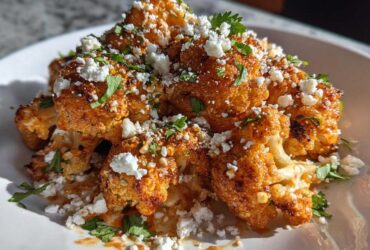 Close-up of roasted Cauliflower Elote florets topped with cotija cheese and fresh cilantro.