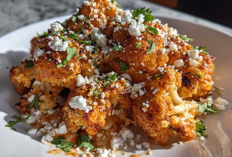 Close-up of roasted Cauliflower Elote florets topped with cotija cheese and fresh cilantro.