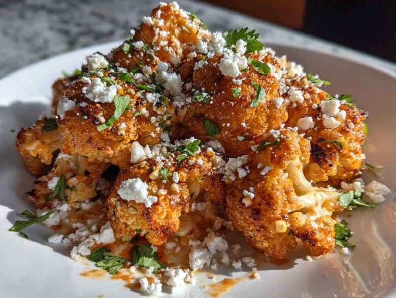 Close-up of roasted Cauliflower Elote florets topped with cotija cheese and fresh cilantro.