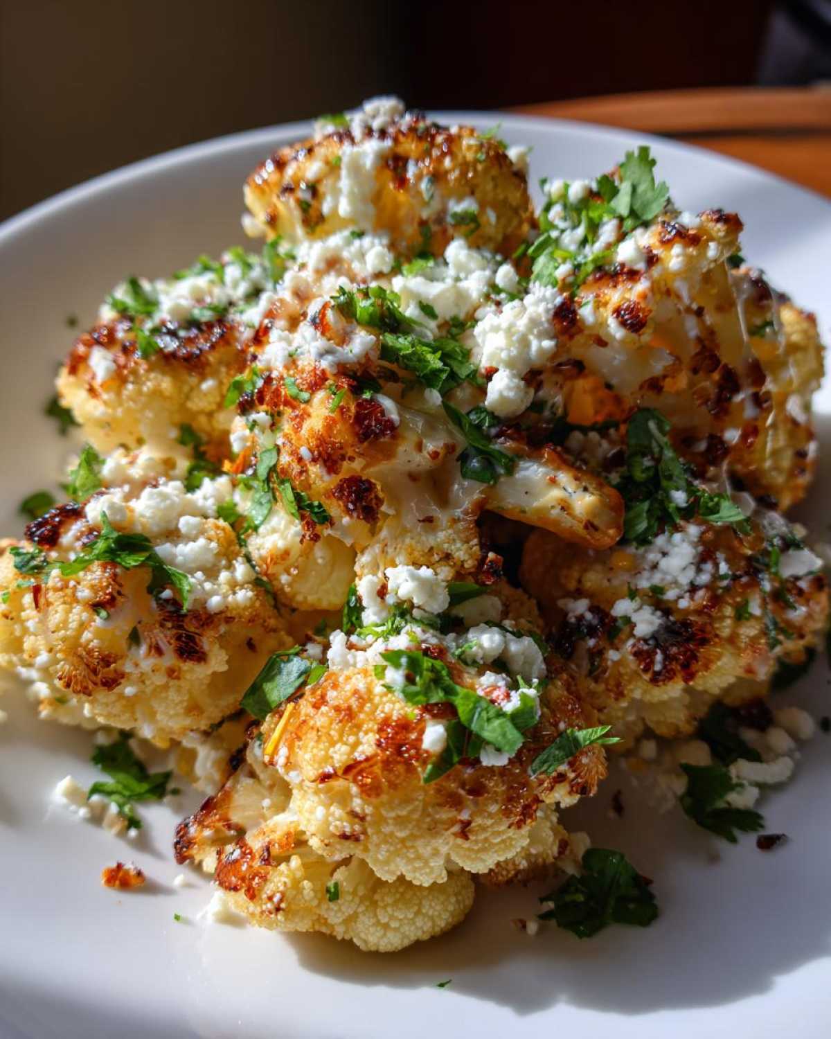 Close-up of roasted Cauliflower Elote florets topped with white crumbled cheese and fresh cilantro.