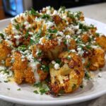 Close-up of roasted Cauliflower Elote florets topped with white sauce, crumbled cheese, and fresh cilantro.