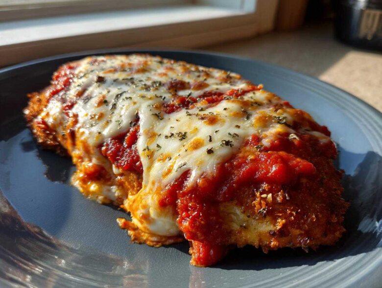 A close-up of a freshly baked Chicken Parmesan cutlet covered in rich tomato sauce and melted mozzarella cheese.