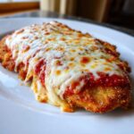 Close-up of a crispy breaded Chicken Parmesan topped with rich marinara sauce and bubbling, melted mozzarella cheese.