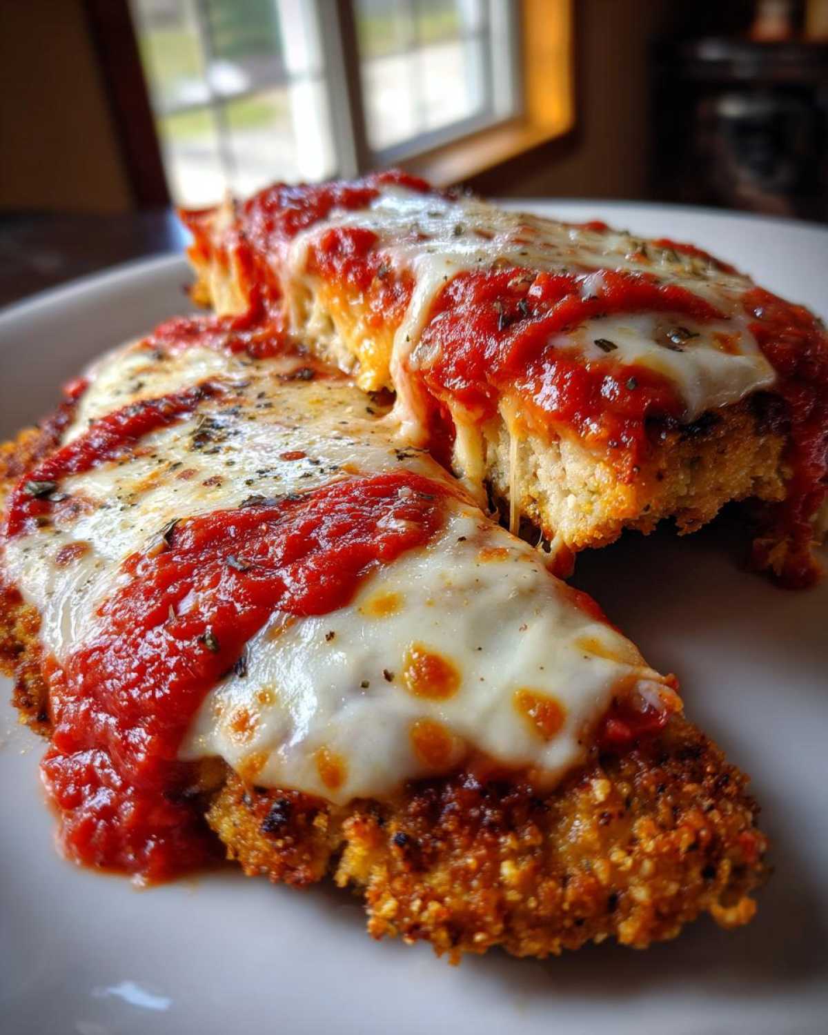 Close-up of two slices of crispy Chicken Parmesan topped with melted mozzarella and bright red marinara sauce.