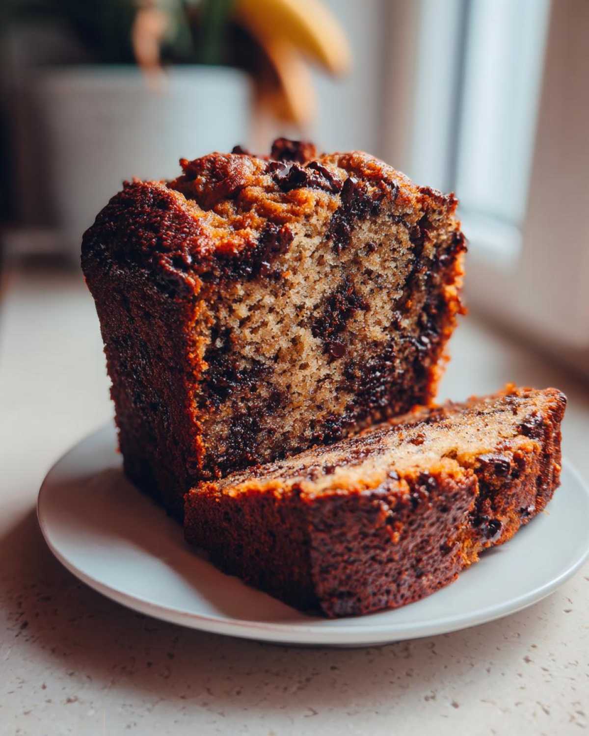 A close-up of a loaf of Chocolate Chip Banana Bread, sliced to show the moist interior packed with chocolate chips.