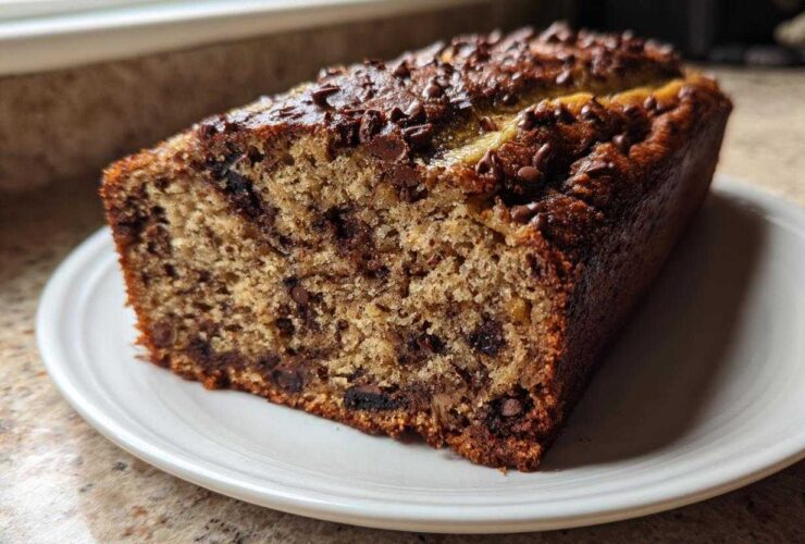 A close-up of a freshly baked slice of Chocolate Chip Banana Bread on a white plate.