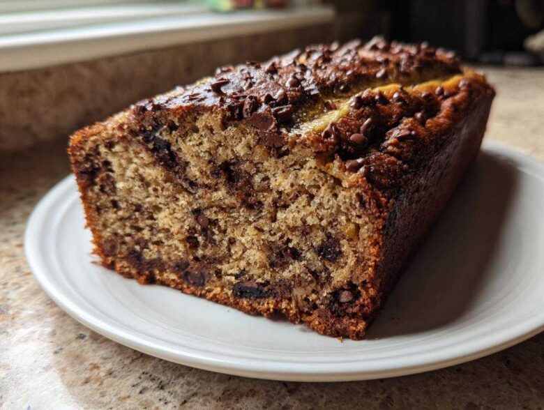 A close-up of a freshly baked slice of Chocolate Chip Banana Bread on a white plate.