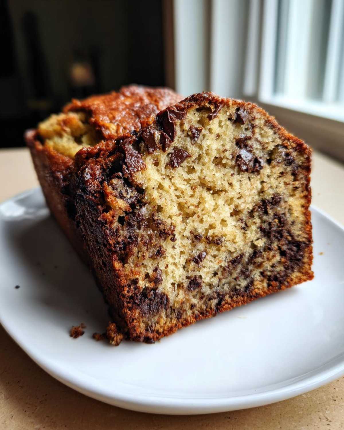 A close-up of a thick slice of moist Chocolate Chip Banana Bread showing melted chocolate chunks and a golden-brown crust.