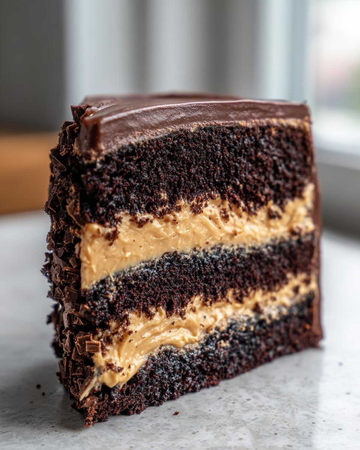 A tall slice of Chocolate Peanut Butter Cake showing three dark chocolate layers separated by thick peanut butter frosting.