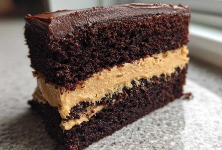 A close-up slice of decadent Chocolate Peanut Butter Cake showing dark chocolate layers and thick peanut butter filling.
