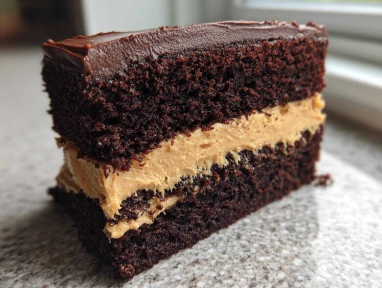 A close-up slice of decadent Chocolate Peanut Butter Cake showing dark chocolate layers and thick peanut butter filling.