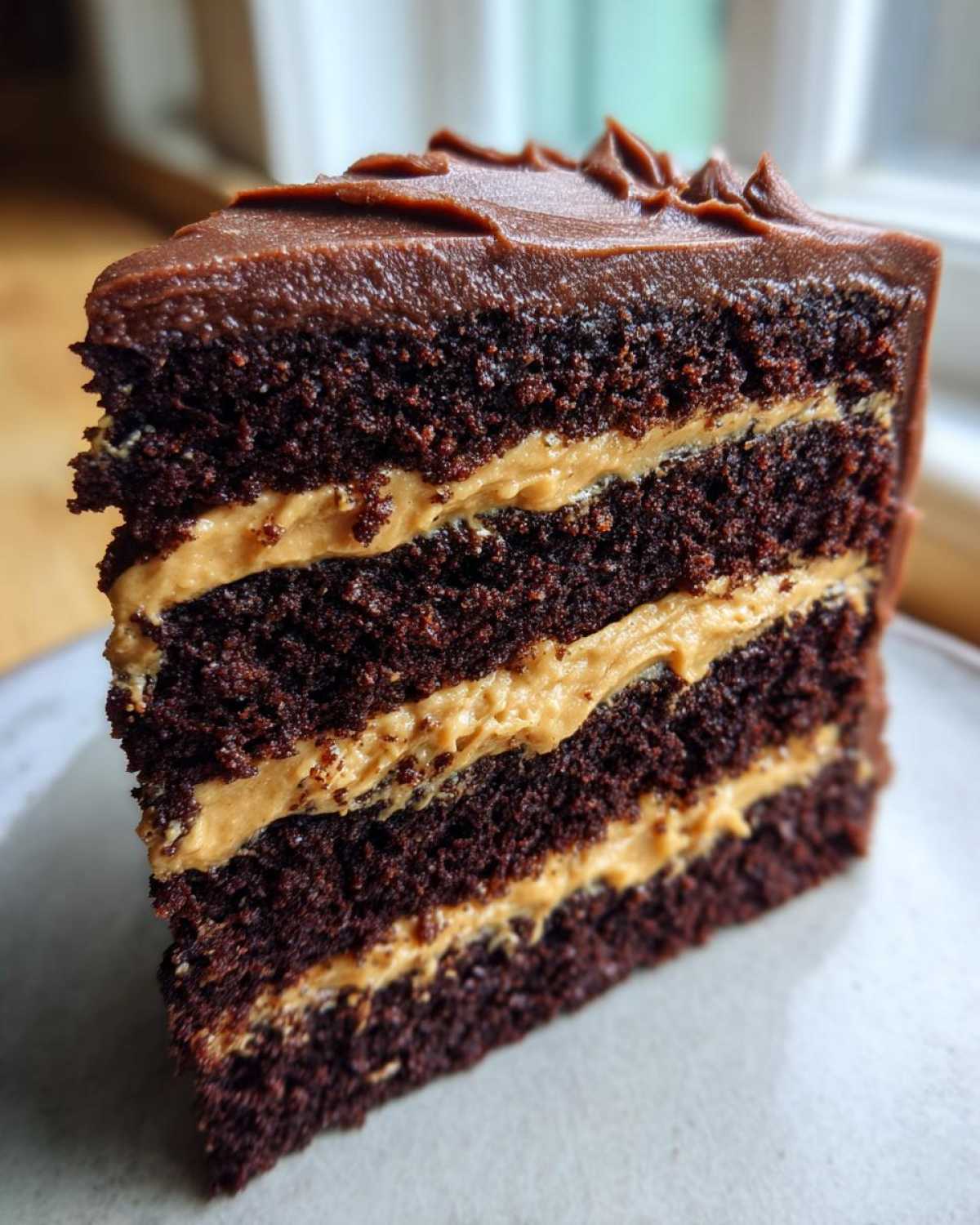 Close-up of a decadent slice of Chocolate Peanut Butter Cake showing three layers of dark chocolate cake and peanut butter filling.