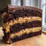 Close-up of a decadent slice of Chocolate Peanut Butter Cake showing three dark chocolate layers and two creamy peanut butter filling layers.