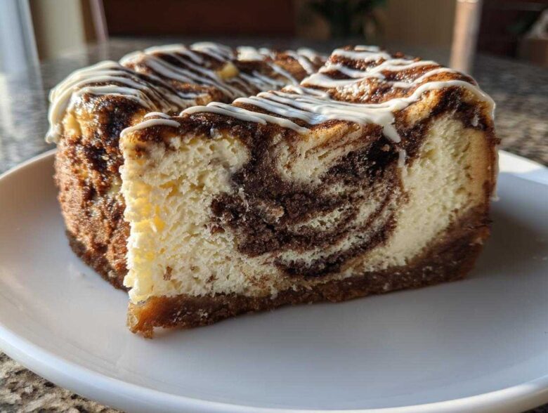 A close-up slice of rich Cinnamon Roll Cheesecake showing a beautiful cinnamon swirl pattern in the creamy filling, topped with white icing.